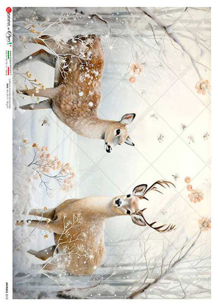 Paper Designs Buck and Doe Deer Winter Scene Rice Paper  Animals 0212