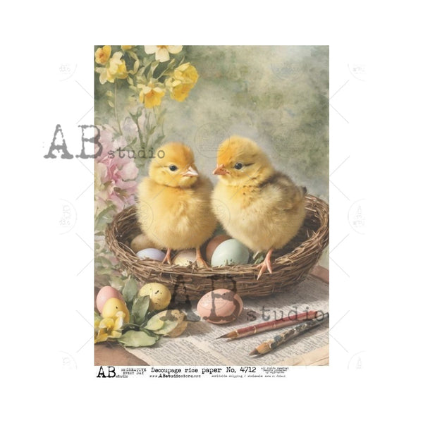 AB Studios Two Cute Chicks with Eggs A4 Rice Paper 4712