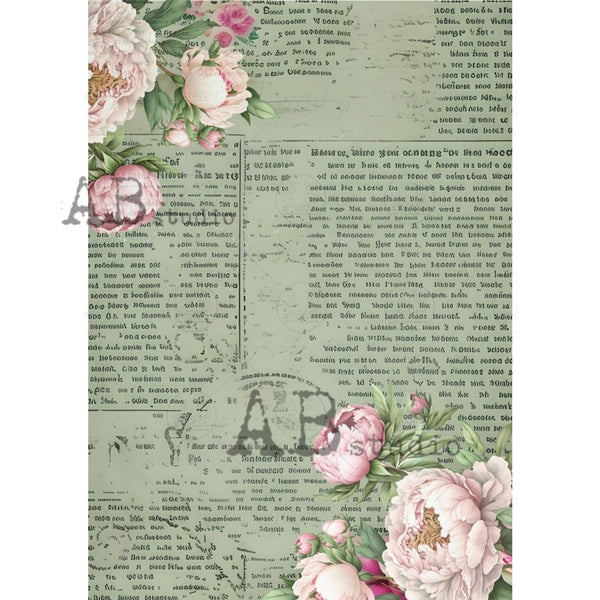 AB Studios Green Book Page with Pink Peonies A4 Rice Paper 1789