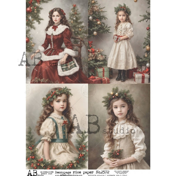 AB Studios Four Pack Victorial Girls Christmas A4 Rice Paper 2572