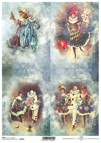 CARNIVAL CIRCUS CHARACTERS AND CLOWNS DECOUPAGE RICE PAPER A4 ITEM R1651 BY ITD COLLECTION