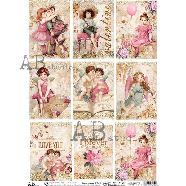 VALENTINE ANGELS AND CHILDREN CARDS DECOUPAGE RICE PAPER 3147 AB STUDIO